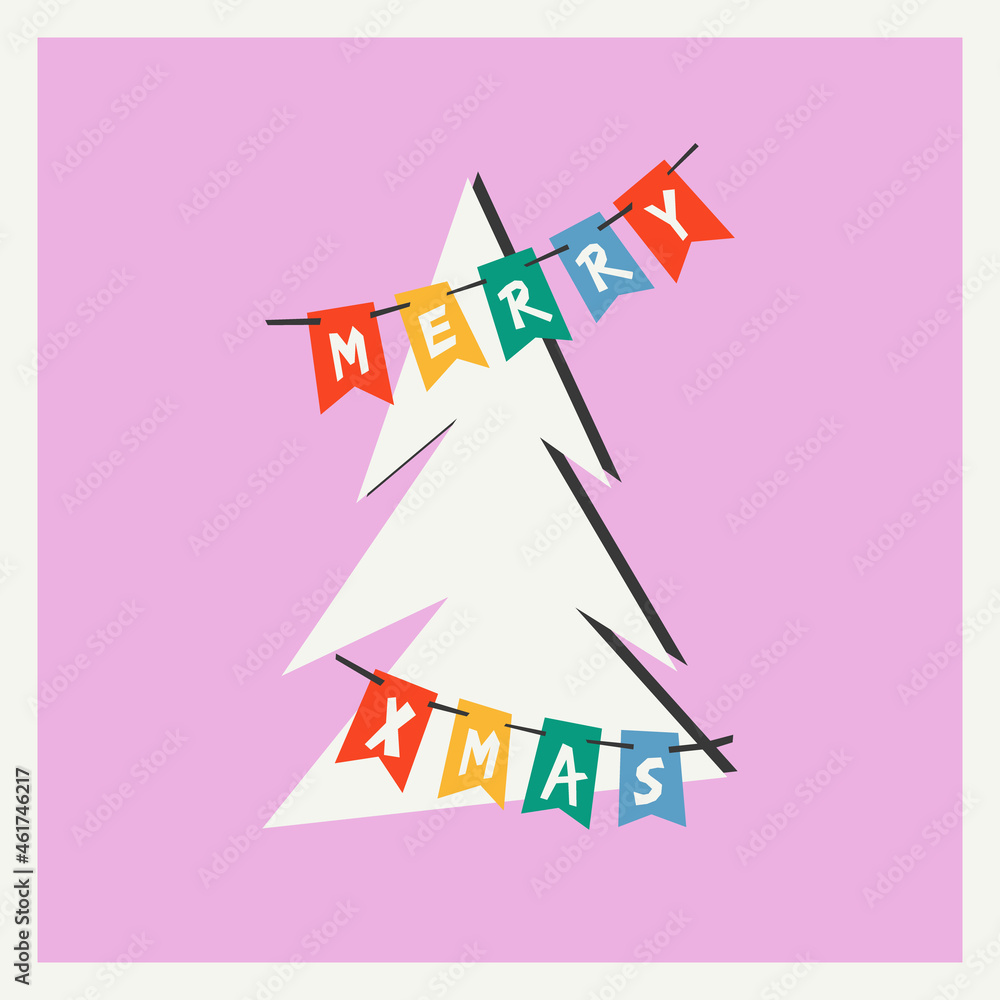 Christmas tree on pink background. Greeting card. Invitation template. Trendy vector design for web and print.