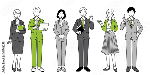 Illustrations of job hunting activities for men and women and full-body drawings.