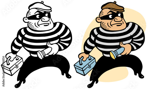 A vintage retro cartoon of a robber wearing a mask carrying a flashlight and a toolbox. 