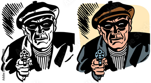 A vintage retro illustration of an armed and masked robber pointing a pistol at the viewer. 