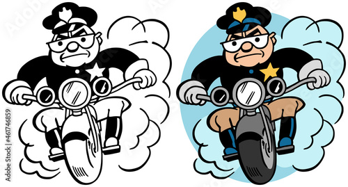 A vintage retro cartoon of a motorcycle cop riding on a highway. photo