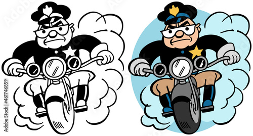 A vintage retro cartoon of a motorcycle cop riding on a highway.