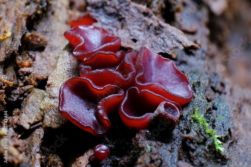 Amazing colorful red mushroom Ascocoryne cylichnium, which is looking like jelly candy photo