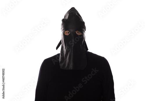 man in executioner mask isolated on white background photo