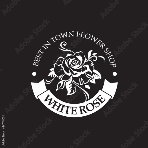 emblem of white rose bud for flower shop isolated on black background