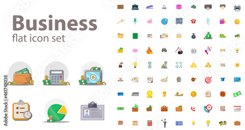 business finances flat icon set with money, bank, chart. office