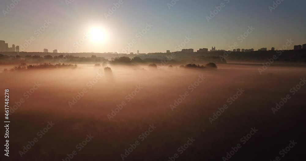 4K bright sunny autumn morning aerial drone video of foggy field and yellow red forest in Moscow, Russia 4K bright sunny autumn morning aerial drone video of foggy field and yellow red forest in Moscow, Russia