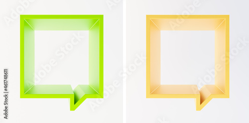 Set of scene with yellow green and golden yellow square empty frame-podium or shelf. Shapes looks like a quote bubble. Mock up design for showcase, display case, shopfront. Natural color. 3d render.