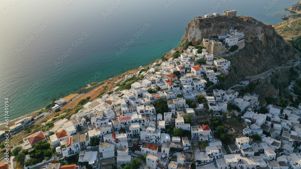 Aerial drone photo of breathtaking and picturesque uphill medieval castle and main village of Skyros island with scenic views to Aegean sea, Sporades islands, Greece Aerial drone photo of breathtaking and picturesque uphill medieval castle and main village of Skyros island with scenic views to Aegean sea, Sporades islands, Greece