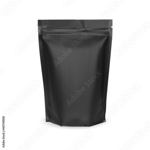 Coffee bag. Black zip foil package blank mockup. Nuts pouch food pack design. Protein nutrition product sachet, front side view template. Matte paper tea bag. Chips packet, vector
