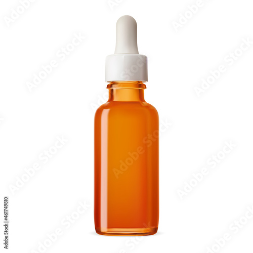Dropper bottle. Amber glass essential oil bottle mockup. Brown eyedropper flacon for nasal extract, pharmacy liquid. Serum bottle with pipette, natural argan oil drop, small box