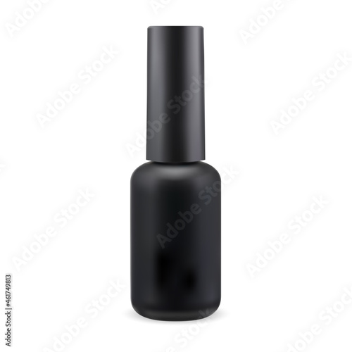 Black nail polish bottle. Manicure varnish round cylinder container. Finger enamel jar illustration. Salon cosmetic lacquer with brush cap. Liquid nail care pack. Realistic fingernail beauty bottle