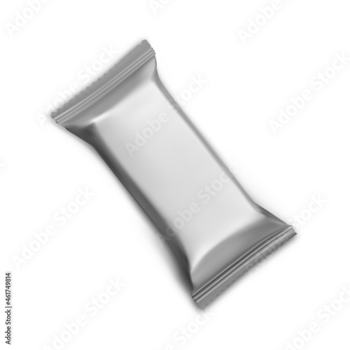 Chokolate bar template. Foil snack package mockup. Candy pack, vector wrap illustration. Biscuit pouchdesign, protein bar realistic wrapper sample. Dessert cake plastic sachet