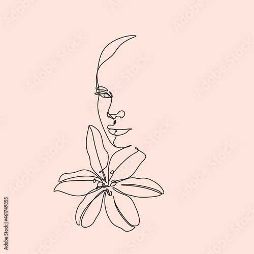 Woman face with butterfly. Line art female hands with flowers. Abstract face with floral  line drawing. Portrait minimalistic style. Female logo. Botanical poster print. Nature symbol of cosmetics. 