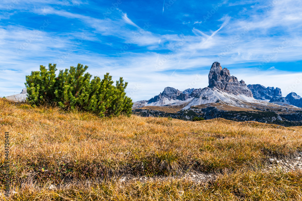 Autumn panorama on Monte Piana. View from the trenches to the three peaks of Lavaredo. Dolomites. Autumn panorama on Monte Piana. View from the trenches to the three peaks of Lavaredo. Dolomites.