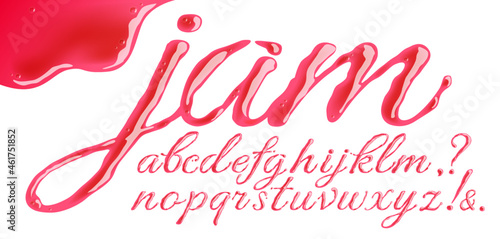 Vector jam font on a white background. Latin alphabet. The inscription Jam, shiny delicious letters.
