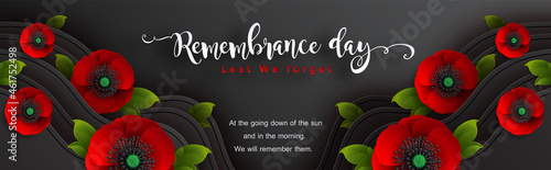 Remembrance day lest we forget. realistic red poppy flower international symbol of peace with paper cut art and craft style on color background.
