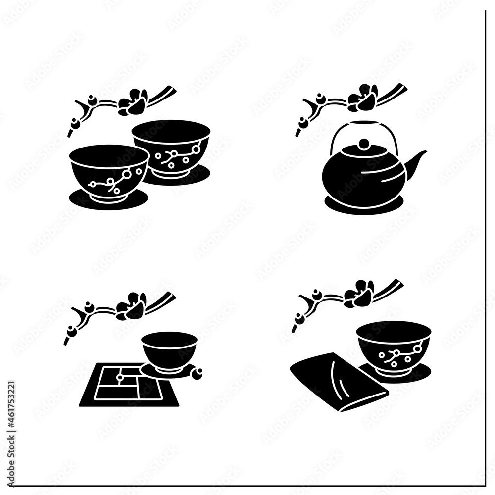 Japanese tea ceremony glyph icons set. Japanese tea cups, teapot