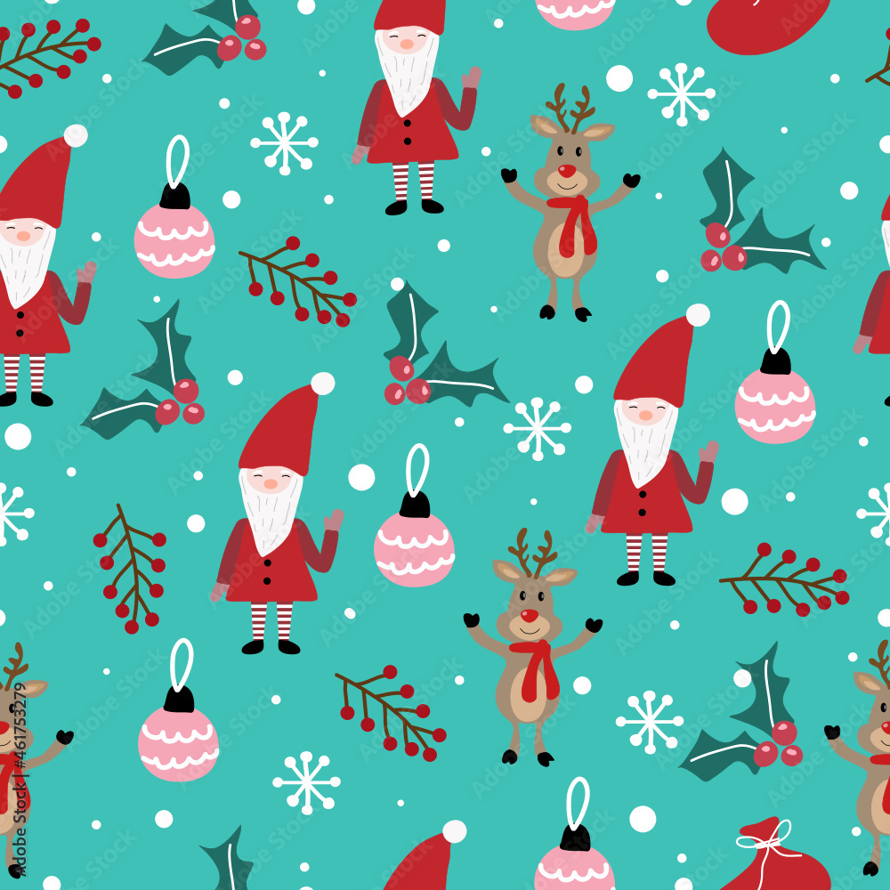 Fototapeta Seamless Christmas pattern with Santa Claus, reindeer, berries, bells, gift bags, snow, snowflakes and holly on green background. Merry Christmas and Happy New Year.