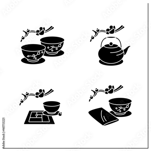 Japanese tea ceremony glyph icons set. Japanese tea cups, teapot, tatami mat, chakin. Japan ancient tradition. Tea ceremony concept.Filled flat signs. Isolated silhouette vector illustrations