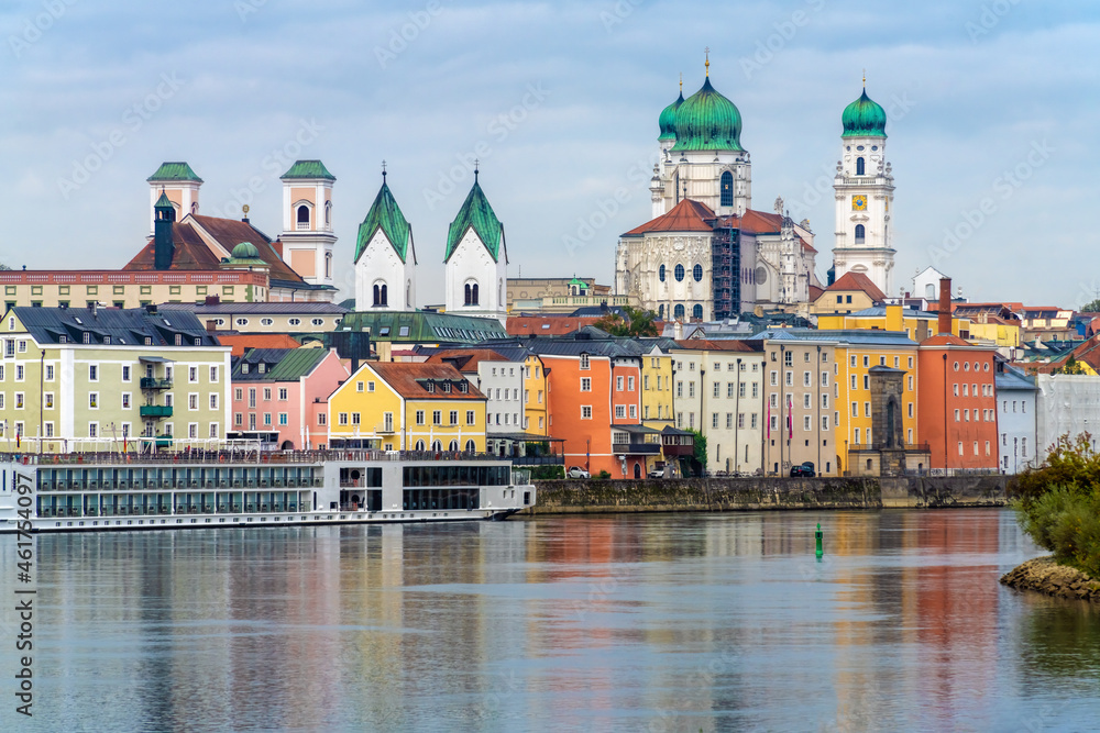 View of the old city of Passau from the Danube, Lower Bavaria, Germany. Also known as the Dreiflüssestadt (City of Three Rivers) where the Danube is joined by the Inn and the Ilz