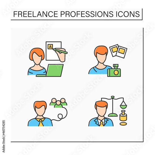 Freelance professions color icons set. Legal services, public relations office, blogger, photographer.Distance jobs. Online work. Careers concept, Isolated vector illustration