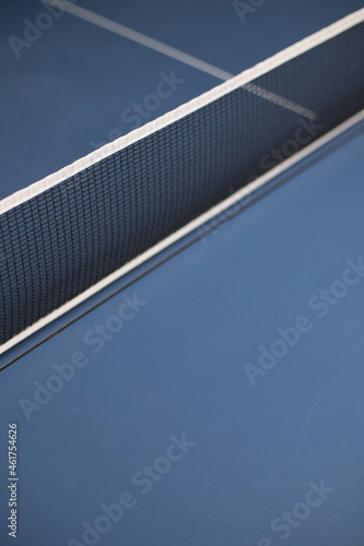 Close-up of a Ping Pong net on a blue table