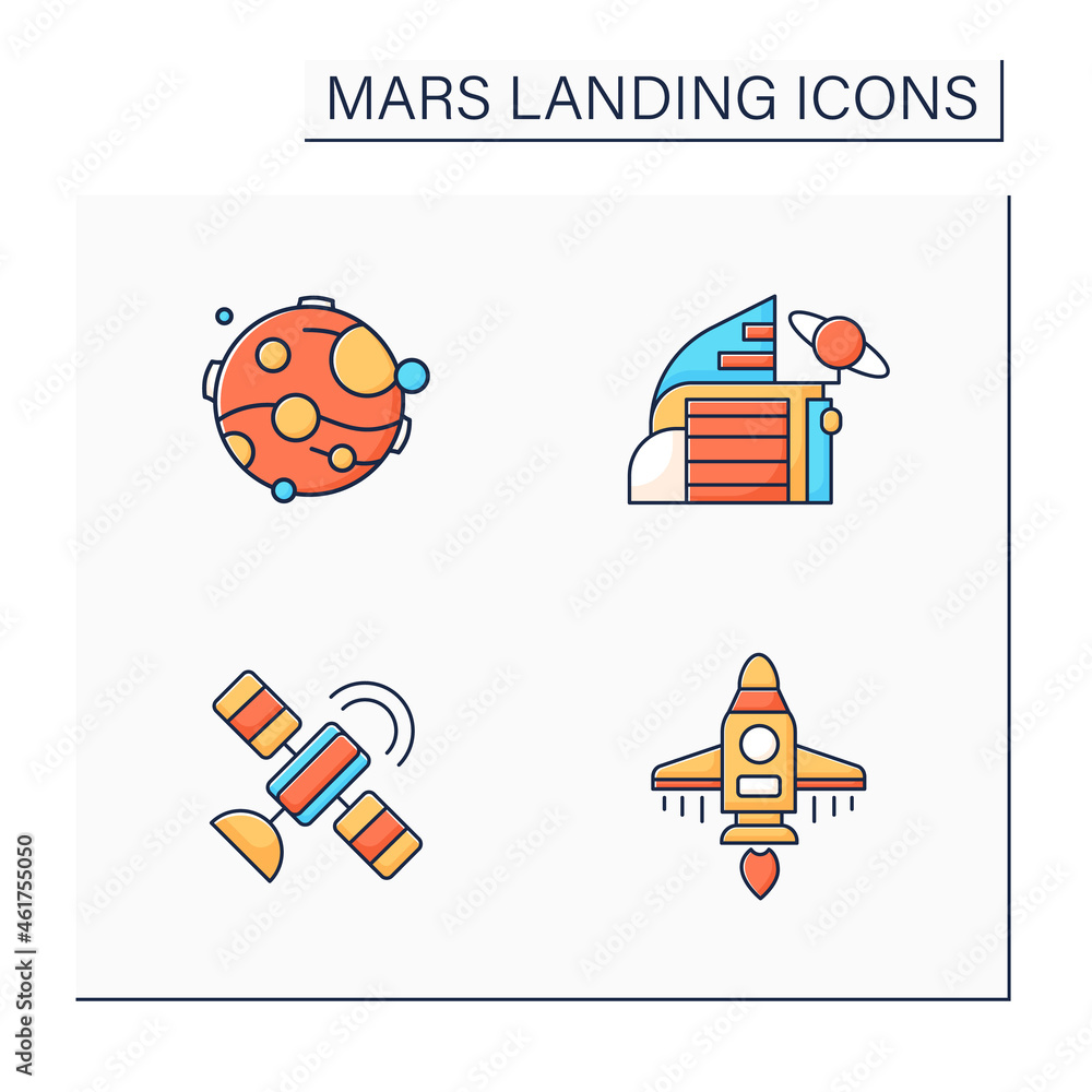 Mars landing color icons set. Uninhabited planet. Satellite, space center, spaceship, Mars. Cosmos concept.Isolated vector illustrations