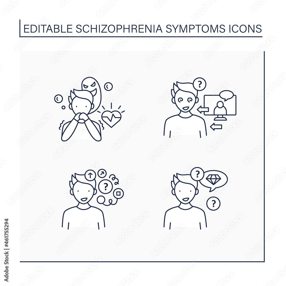 Schizophrenia symptoms line icons set. Reference, persecution delusions, loose associations, neologism.Healthcare concept. Isolated vector illustrations.Editable stroke