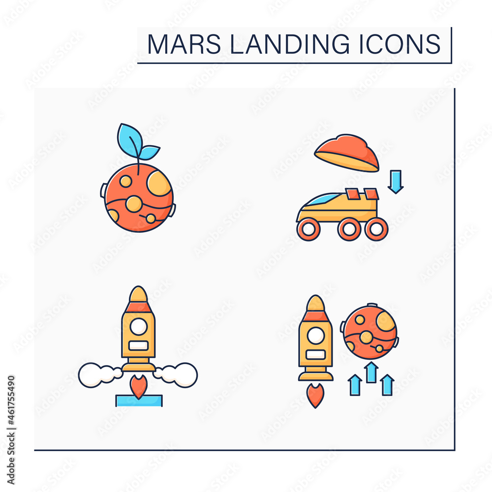 Mars landing color icons set. Uninhabited planet. Landing on surface, life on Mars, mission, launch rocket. Cosmos concept.Isolated vector illustrations