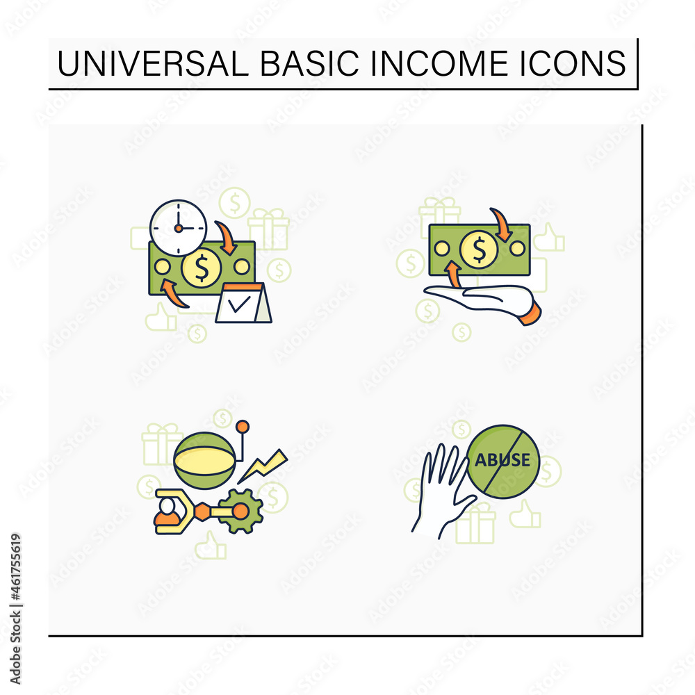 Universal basic income color icons set. Technological unemployment, ending abuse, cash payment, periodic payment. Global economy concept. Isolated vector illustrations