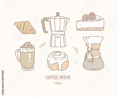 Croissant, geyser coffee maker, raspberry cheesecake, coffee and cream, cinnamon bun with icing, chemex. Coffee break lettering. Set of icons in hand-drawn style. Outline drawing, vector illustration