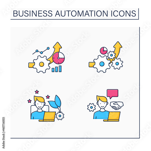 Business automation color icons set. Increased efficiency, favorite job, open collaboration, greater productivity. Business optimization concept.Isolated vector illustration