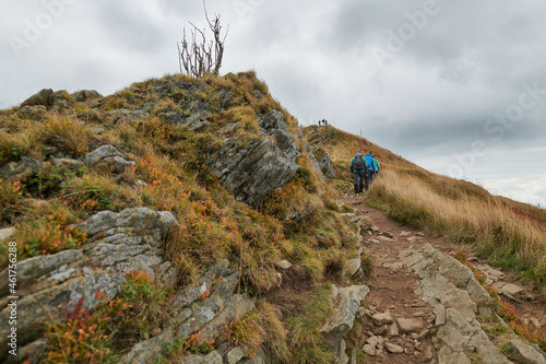 Fototapeta Naklejka Na Ścianę i Meble -  Bieszczady jesienią. Turyści na górskich szlakach. Połoniny. Ciemne chmury. Korory jesieni.