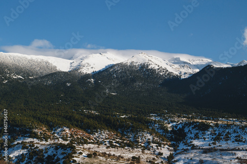 Winter calm mountain landscape. Splendid snow-covered mountains view with beautiful green fir trees on slope