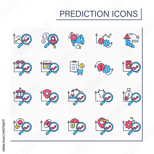 Predictive analytics color icons set. Collating historical, real-time data about customers. Influencing investments. Business predicting concept.Isolated vector illustrations