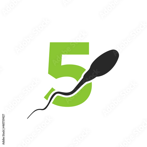 Sperm, Egg Cell Logo On Letter 5 Template. Sperm Bank Medical Logo. Sperm Logo Vector Icon