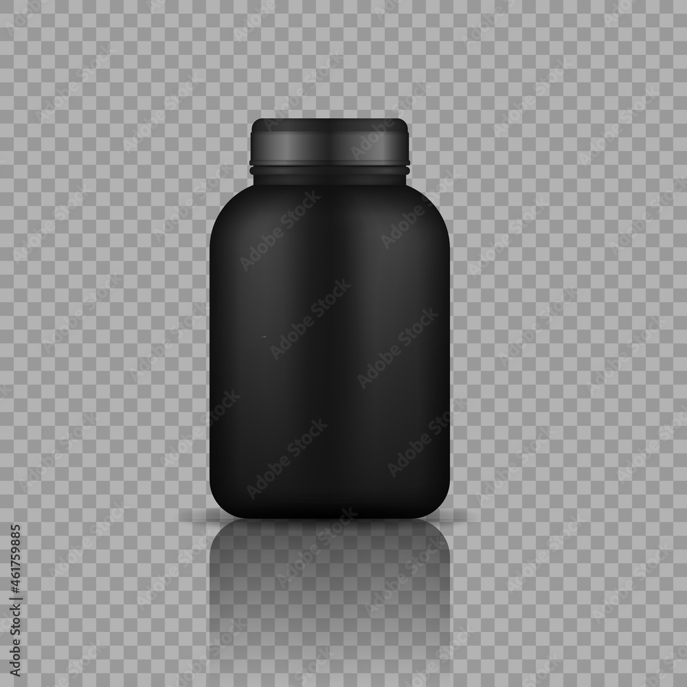 Whey protein in black plastic jar, bottle. 