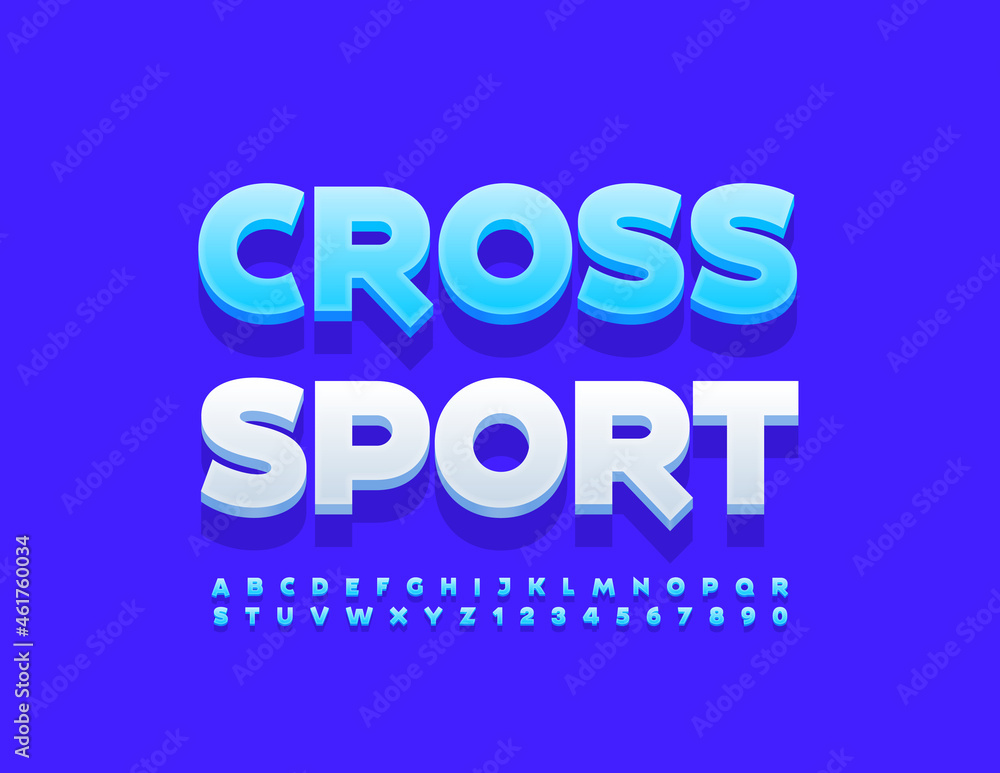 Vector trendy Sign Cross Sport. Blue 3D Font. Artistic Alphabet Letters and Numbers