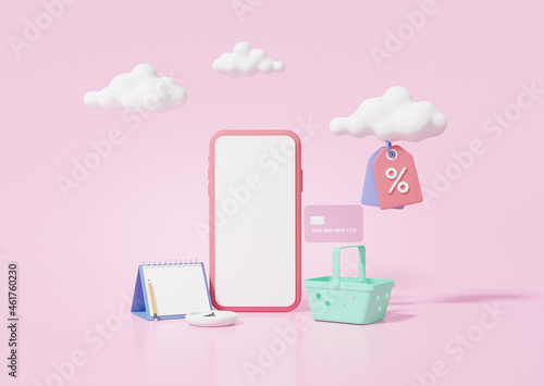 3d render Online shopping concept. Shop store on smartphone and Shopping bag calendar clock minimal cartoon, isometric, discount promotion sale. illutration