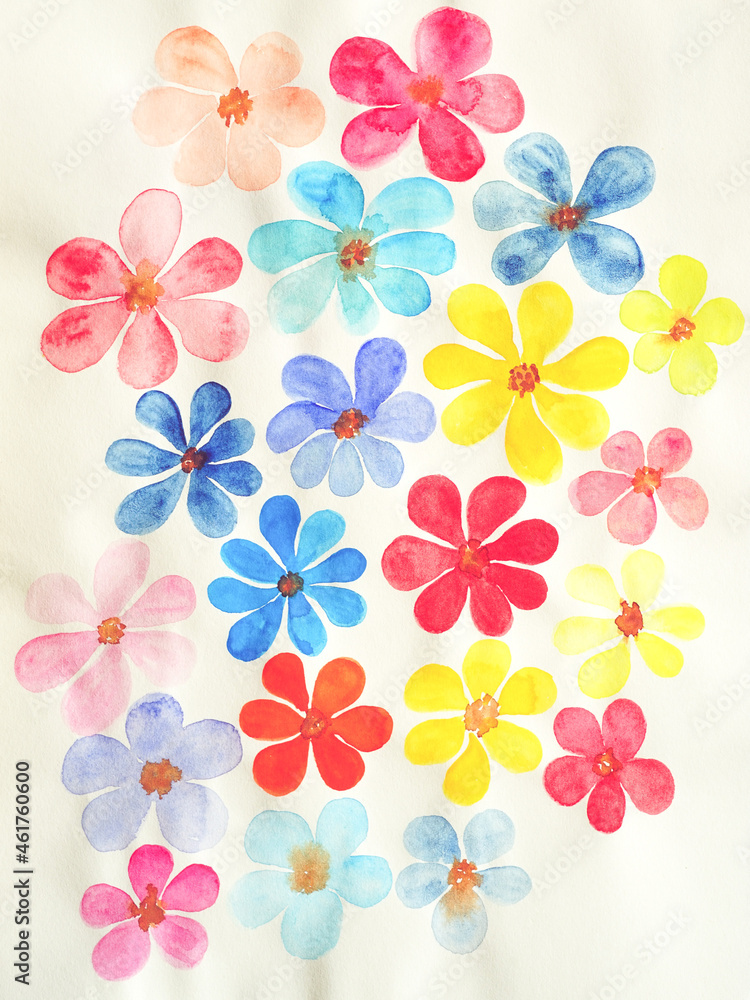 Cute watercolor flowers of different colors on a white paper album. Hand drawn happy floral card