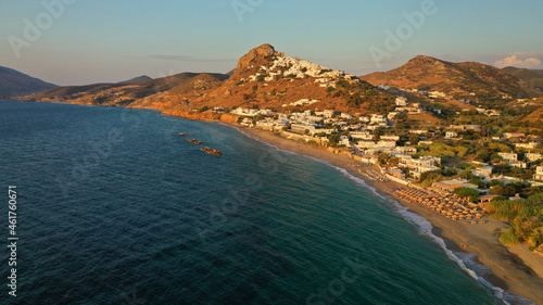 Aerial drone photo of breathtaking and picturesque main village of Skyros island featuring uphill medieval castle with scenic views to Aegean sea at sunset, Sporades islands, Greece