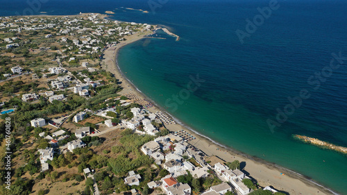 Aerial drone photo of main organised with sun beds and umbrellas sandy beach of Magazia with crystal clear Aegean sea, Skiros island, Sporades, Greece 