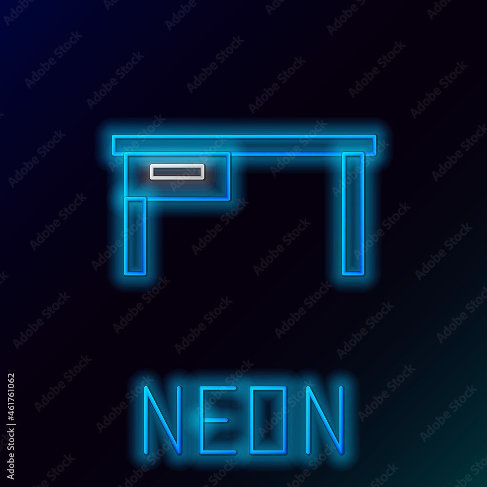 Glowing neon line Office desk icon isolated on black background. Colorful outline concept. Vector Glowing neon line Office desk icon isolated on black background. Colorful outline concept. Vector