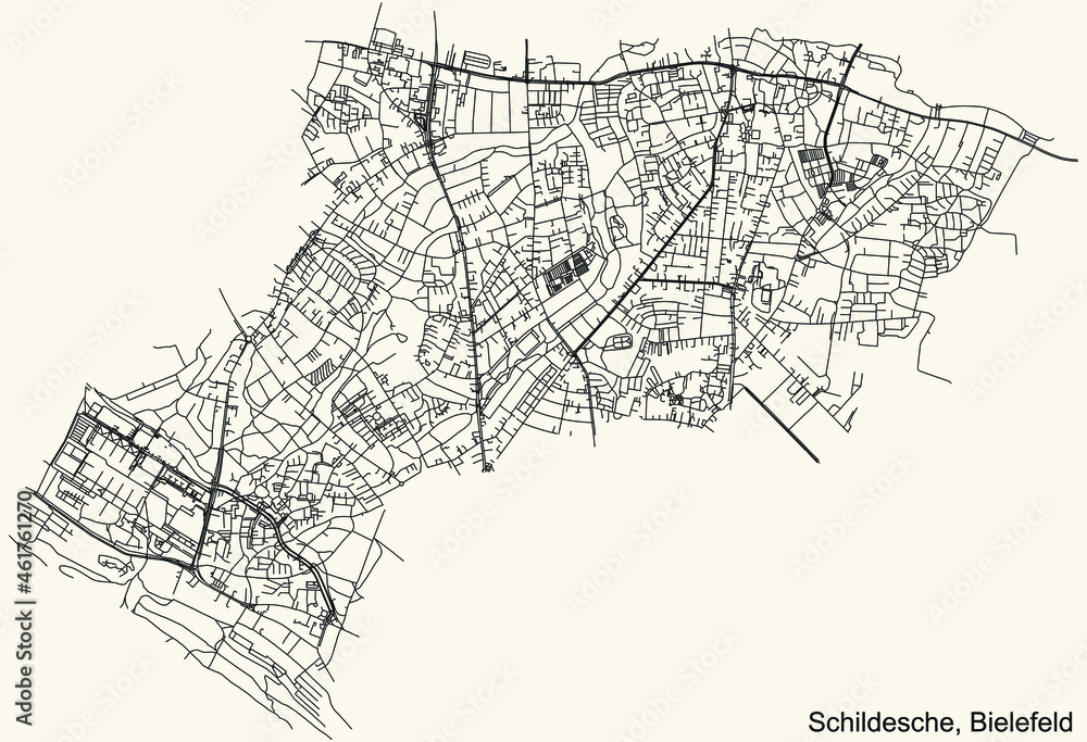 Detailed navigation urban street roads map on vintage beige background of the quarter Schildesche district of the German regional capital city of Bielefeld, Germany