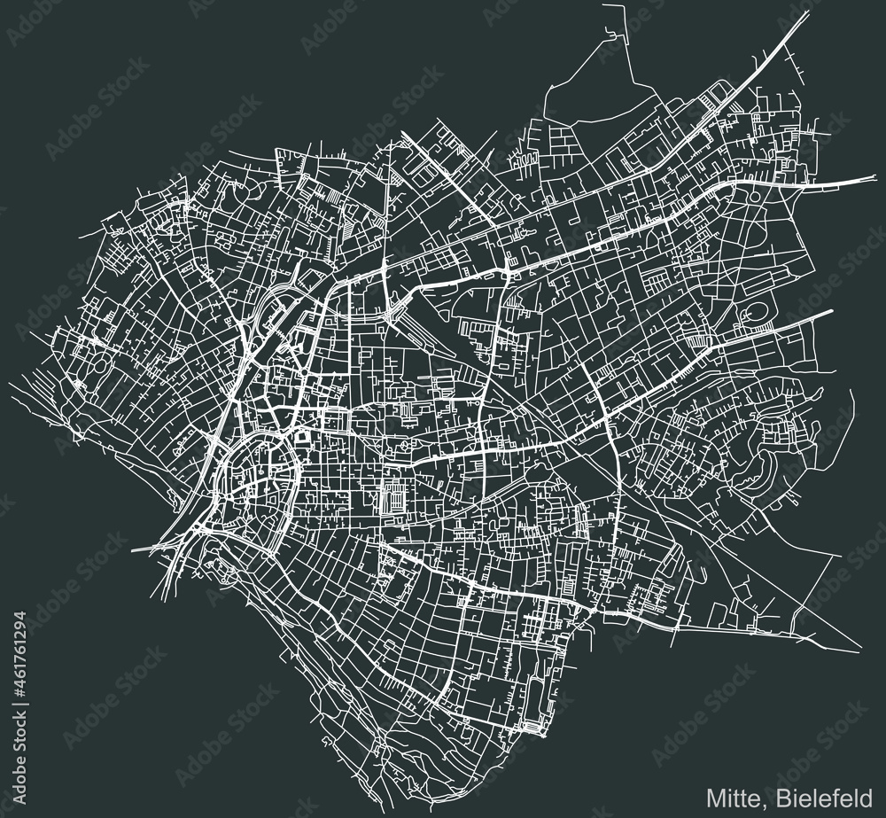 Detailed negative navigation urban street roads map on dark gray background of the quarter Mitte district of the German regional capital city of Bielefeld, Germany