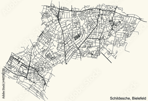 Detailed navigation urban street roads map on vintage beige background of the quarter Schildesche district of the German regional capital city of Bielefeld, Germany