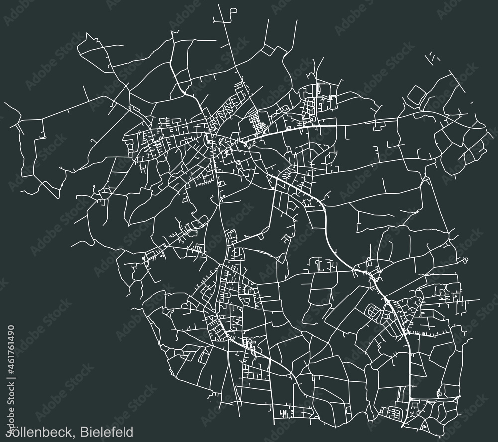 Detailed negative navigation urban street roads map on dark gray background of the quarter Jöllenbeck district of the German regional capital city of Bielefeld, Germany