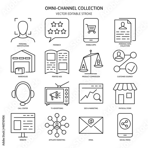 Omni channel marketing icon set in thin line style