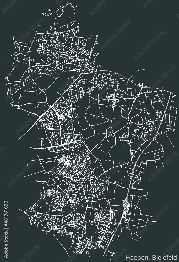 Detailed negative navigation urban street roads map on dark gray background of the quarter Heepen district of the German regional capital city of Bielefeld, Germany